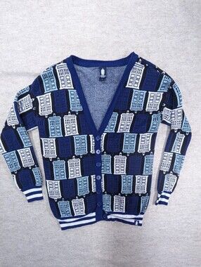 Dr Who Tardis Police Box BBC Show V Neck Cardigan Blues Unisex Size Small